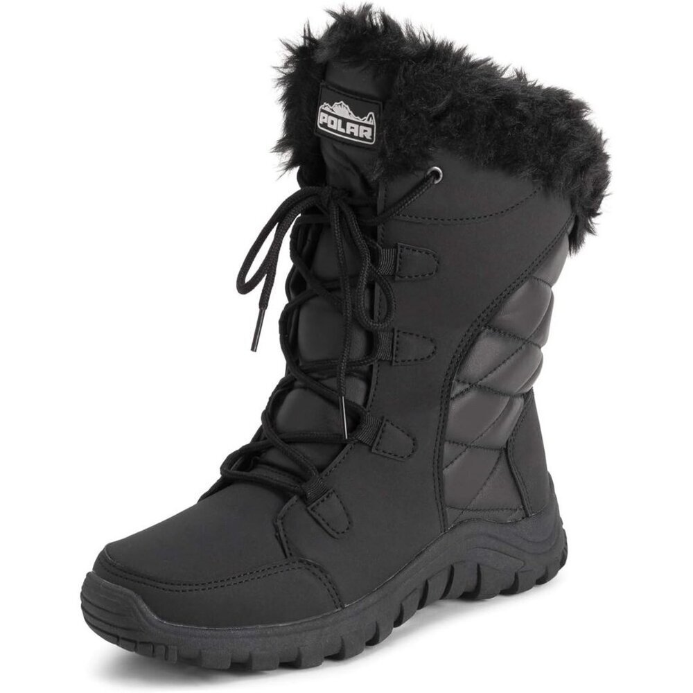 Women’s Black Quilted Faux Fur Cuff Winter Duck Boots Rubber Sole Snow
